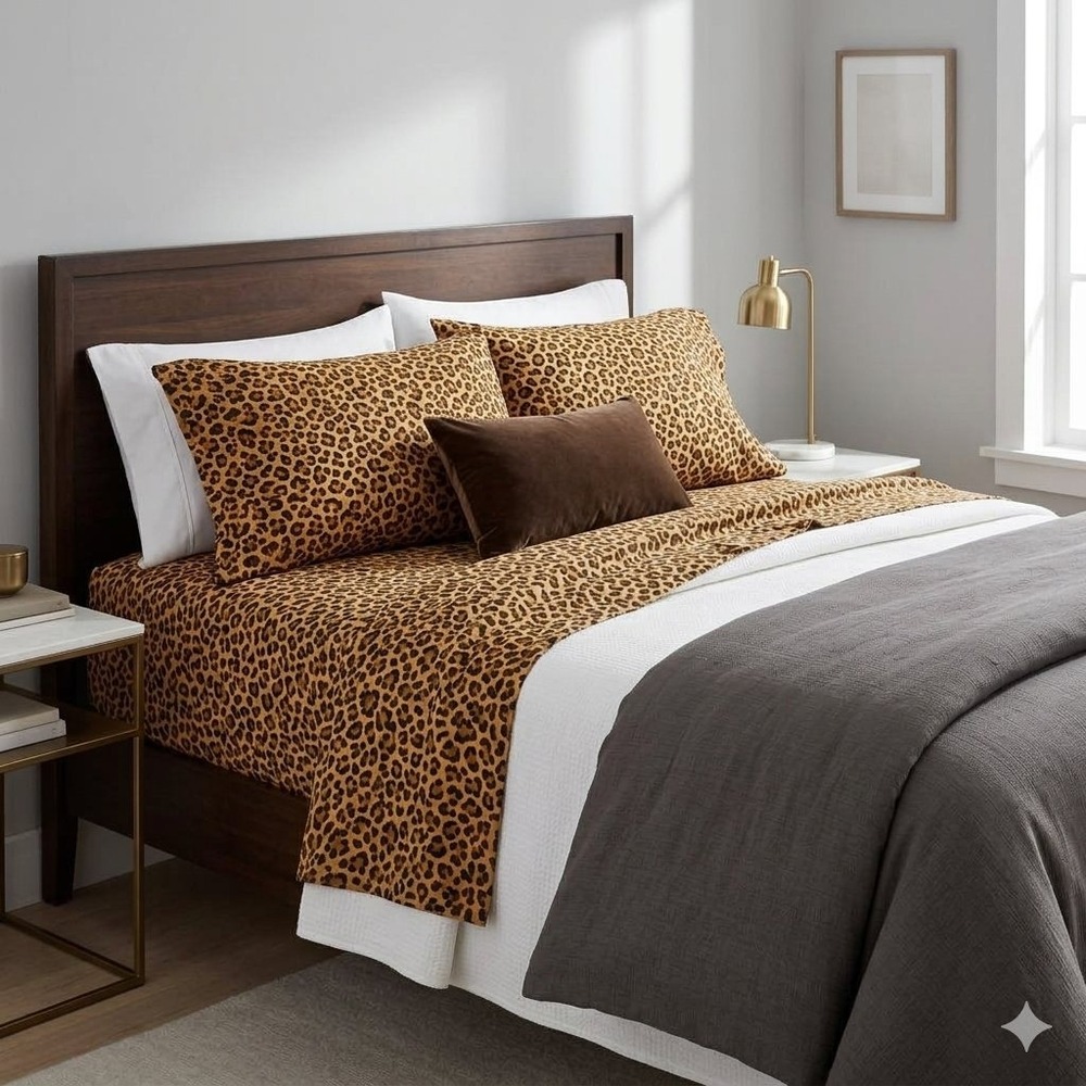 NATE BERKUS Sheet Set Unisex Full Brown Leopard Print Cotton Bedding Home Decor